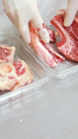 Mid-section-of-butcher-packing-red-meat-in-container