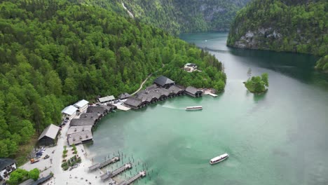 Aerial-view-of-the-iconic-electric-boats-cruising-on-picturesque-lake-Königssee-near-the-town-of-Berchtesgaden-in-the-Bavarian-Alps-in-Germany