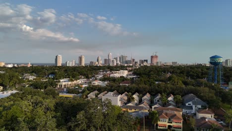 Sunny-Skyline-of-St.-Petersburg,-Florida-by-drone