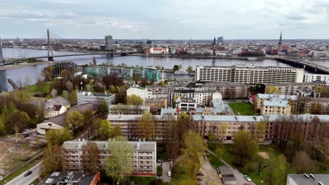 Panorama-Of-Daugava-River-With-Its-Bridges-And-Riverbank-Buildings-In-Riga,-Latvia