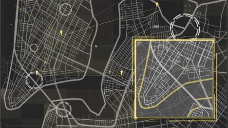 Hud-interface-shows-tracking-target-on-complex-and-intricate-infographic-structured-city-map