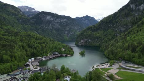 Aerial-view-of-Schönau-am-Königssee-and-picturesque-lake-Königssee-near-the-town-of-Berchtesgaden-in-the-Bavarian-Alps-in-Germany