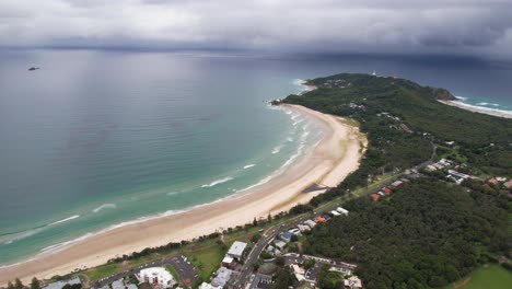 Aerial-View-of-Scenic-Coastline-Around-Byron-Bay,-Australia,-Sandy-Shoreline-and-Landscape