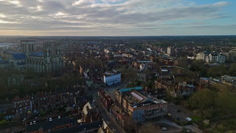 Wide-Angle-Establishing-Drone-Shot-of-York-City-at-Golden-Hour-Sunrise-UK