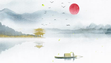 Mysterious-landscape-China's-traditional-Oriental-Digital-Art-animation,-Chinese-retro-painting-ink-misty-mountain-with-flowers,-tree,-birds,-river-in-fog-background