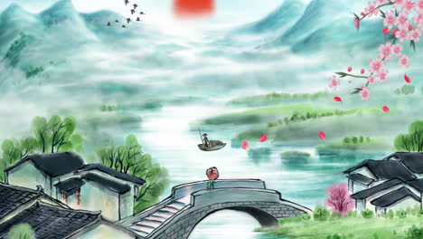 Mysterious-landscape-China's-traditional-Oriental-Digital-Art-animation,-Chinese-retro-painting-ink-misty-mountain-with-flowers,-tree,-birds,-river-in-fog-background