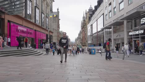 Buchanan-Galleries-exterior,-city-centre-shopping,-people,-slow-motion