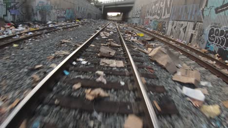 Aerial-View-Flying-Low-over-train-tracks