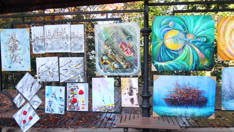 Beautiful-handmade-paintings-for-sale-on-the-famous-Alley-of-Artists-in-Kyiv-city-Ukraine,-4K-shot