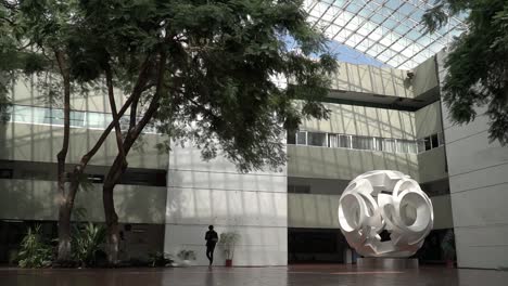 Large-round-sculpture-decorating-the-internal-patio-of-the-Metropolitan-Autonomous-University-of-Xochimilco,-Mexico