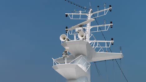 Navigation-System-on-Upper-Deck-of-Cruise-Liner,-Ship-Radar-Cruise-Ship-Radar-Antenna-Station,-On-Board-Radar-Tower-Communication-System-on-the-Sea