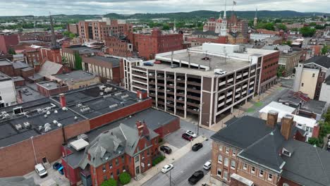 Historic-American-city-of-York-with-church,-homes-and-car-park