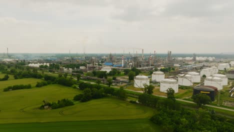 Aerial-drone-view-of-Slovnaft-refinery---oil-terminal-with-chimneys-in-industrial-facility-for-storage-of-oil-and-petrochemical