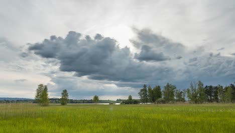 Gewitterwolken-Ziehen-über-Eine-Landschaft-Mit-Bäumen-Neben-Einem-See