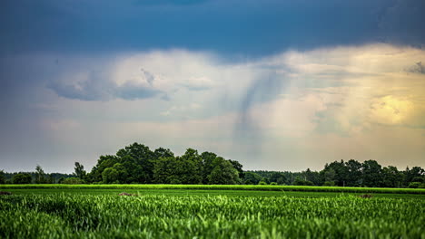 Rain-Clouds-Pouring-Over-Green-Fields-in-Timelapse