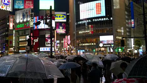 Noche-Lluviosa-En-Shibuya-Con-Gente-Cruzando-El-Cruce