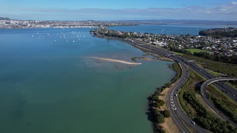 Aerial-View-Of-Auckland-Northern-Motorway-In-The-Auckland-Region-Of-New-Zealand---Drone-Shot