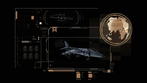 Jetfighter-jet-aircraft-holographic-structure-on-hud-interface-screen-and-world-map-on-rotating-globe-with-complex-infographic-elements