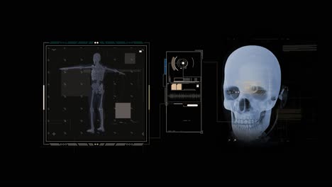 Anatomy-of-holographic-skull-and-skeleton-in-human-body-on-black-background-with-infographic