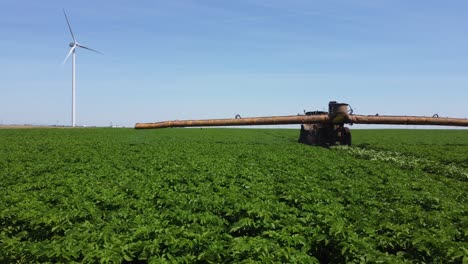 Vista-Aérea-De-Un-Tractor-Que-Rocía-Campos-De-Patatas-Con-Pesticidas,-Plantaciones-De-Patatas-Frescas