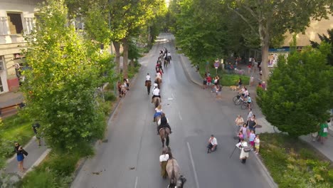 Small-groups-of-people-watching-horses-parade-down-street-in-Kiskunfelegyhaza,-Hungary,-aerial-view