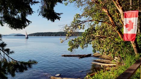 Der-Meerblick-Auf-Salt-Spring-Island-In-BC-Kanada---Segelboot-Fährt-An-Einem-Sonnigen-Tag-An-Grünen-Bäumen-Und-Blauem-Meer-In-Der-Nähe-Einer-Flagge-Vorbei