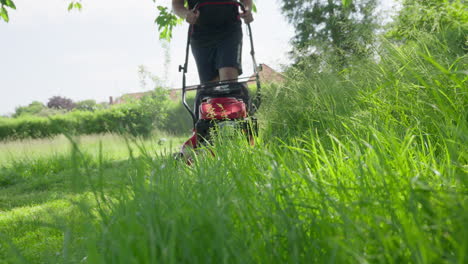 Person-mowing-overgrown-lawn-on-sunny-day