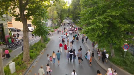 People-walking-down-street-in-Kiskunfélegyháza,-Hungary,-aerial-view-from-above