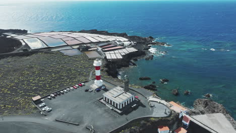 Aerial-Highlights-of-Fuencaliente-Salt-Pans-and-Lighthouse-on-a-Clear-Day,-La-Palma