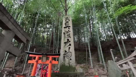 Stone-Inscriptions-in-Fushimi-Inari-taisha-Shrine-in-Kyoto,-Japan---Low-Angle-Shot