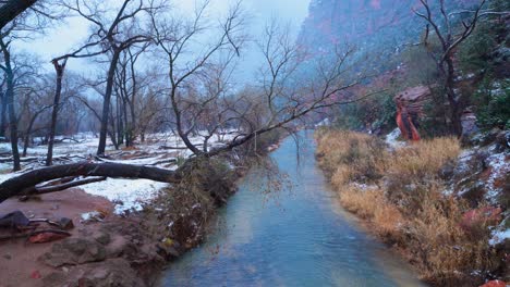 A-Flowing-river-surrounded-by-mountains,-trees,-and-falling-snow-on-an-overcast-day-near-Zion-National-Park