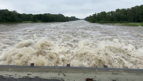 River-Donau-near-peak-level,-during-flood-in-bavaria,-barrage-bergheim-near-ingolstadt-summer-2024