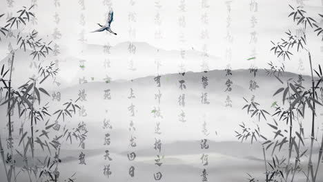 Mysterious-landscape-China's-traditional-Oriental-Digital-Art-animation,-Chinese-retro-painting-ink-misty-mountain-with-flowers,-tree,-birds,-river-in-fog-background