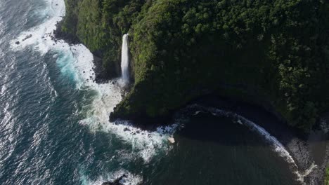 Cascada-Desde-Un-Acantilado-Por-La-Costa-Boscosa-Del-Océano-En-Maui,-Hawai,-Aéreo