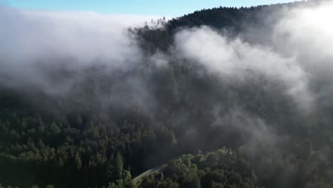 Arc-Shot-of-Misty-Clouds-Over-Forested-Mountains