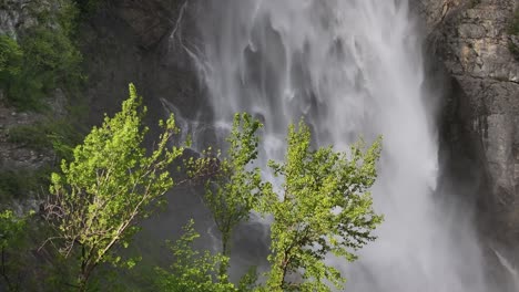 Close-view-over-the-green-plant-shows-flowing-water-of-Seerenbach-Falls-Amden-Betlis-Walensee-Switzerland