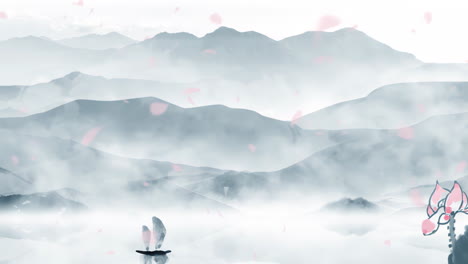 Mysterious-landscape-China's-traditional-Oriental-Digital-Art-animation,-Chinese-retro-painting-ink-misty-mountain-with-flowers,-tree,-birds,-river-in-fog-background