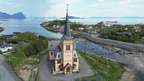 Majestic-Vågan-Church-from-Above-in-Lofoten,-Norway