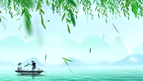 Fantasy-bright-ambience-landscape-of-beautiful-morning-sky,-mountains,-flowers,-lake,-ancient-house-with-simple-animation-in-Japanese-Chinese-anime-watercolour-style