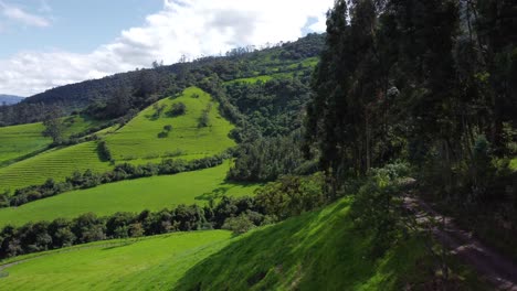 Aerial-Drone-Flyover-Steep-Roadside-Along-Green-Foothill-Farms-And-Forests-On-The-Pasochoa-volcano,-Puichig,-Machachi-valley,-Canton-Mejia,-Pichincha-Province,-Ecuador