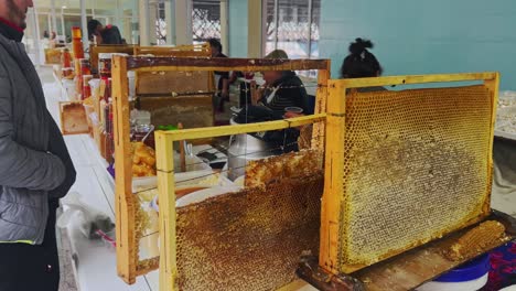 Woman-beekeeper-hand-with-knife-opens-honeycomb-with-honey-on-frame-from-beehive