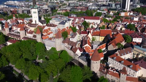 Birds-Eye-Aerial-View-Above-Walls-of-Tallinn-on-Scenic-Summer-Day