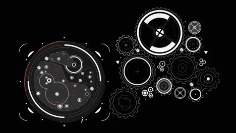 Gears-and-wheels-of-mechanical-structure-rotating-on-black-background