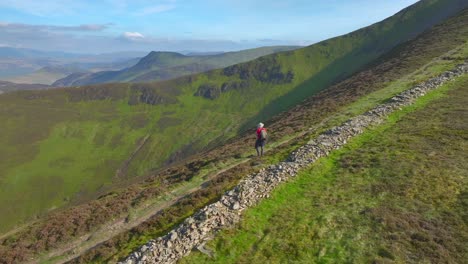 Mountain-walker-stopped-on-path-overlooking-deep-green-valley