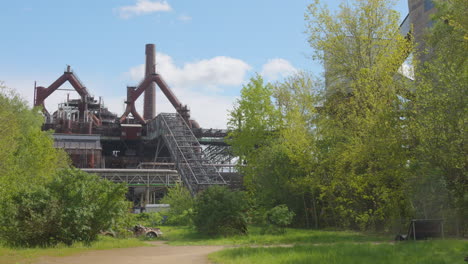 View-of-Völklingen-Ironworks,-UNESCO-SITE-in-Saarbrucken,-Germany-on-a-clear-sunny-day