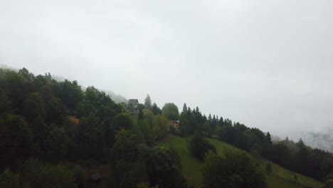 Amazing-pine-forest-with-mountain-cabins-on-a-foggy-day-in-Matisesti,-Romania