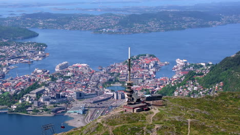 Beautiful-drone-shot-from-Mount-Ulriken-in-Bergen,-Norway-with-amazing-views-of-the-city-centre-and-the-fjord