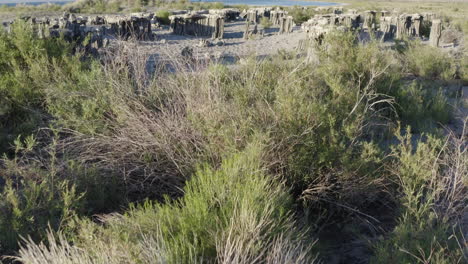 Luftaufnahme-Der-Tuffsteinsäulen-Am-Mono-Lake-Mit-Ihren-Charakteristischen-Formen-Und-Der-Umgebenden-Wüstenflora-Vor-Der-Kulisse-Des-Ausgedehnten-Sees-Und-Der-Berge-In-Der-Ferne