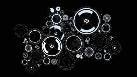 Many-gears-and-wheels-of-mechanical-structure-rotating-on-black-background