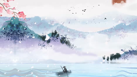 Mysterious-landscape-China's-traditional-Oriental-Digital-Art-animation,-Chinese-retro-painting-ink-misty-mountain-with-flowers,-tree,-birds,-river-in-fog-background